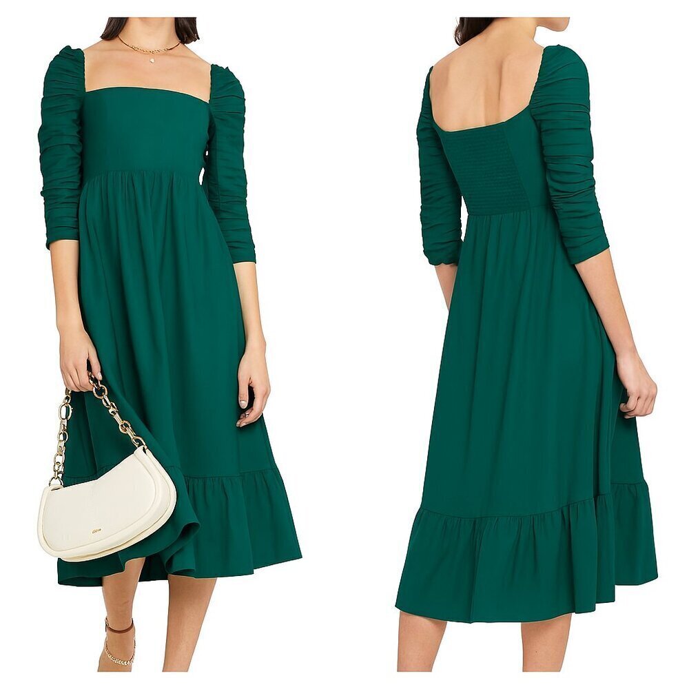 O.P.T. Bonnie Dress XS Green Midi Ruched Sleeve Smocked Back NWT $179